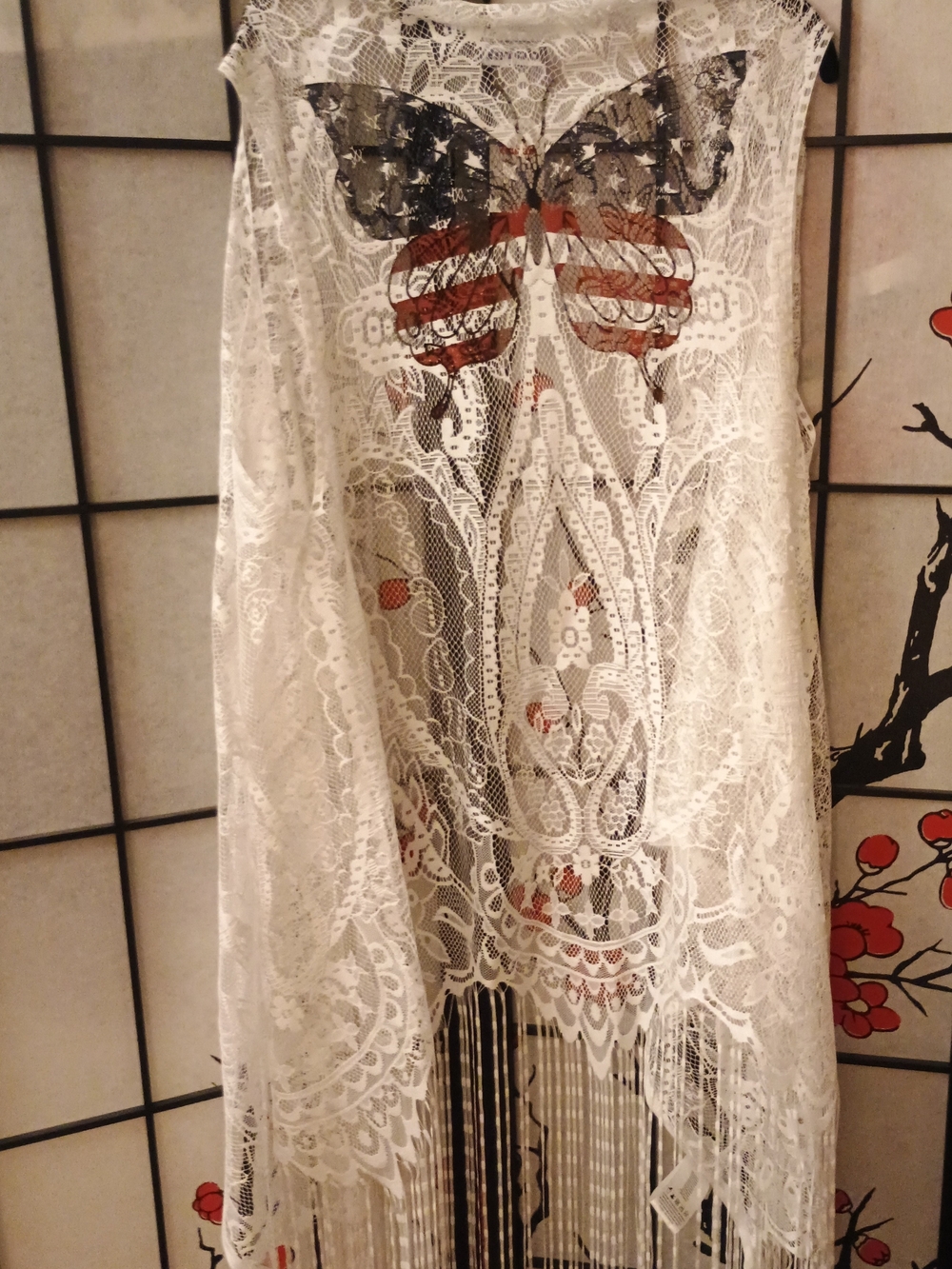 NWT White Lace Fringe Kimono Vest with Patriotic Butterfly Print